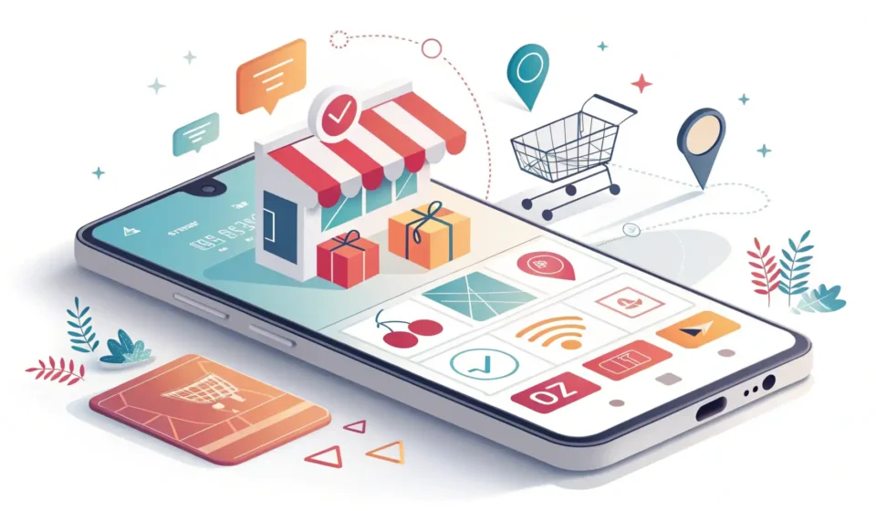 How to Say E-commerce in Korean Illustration of a smartphone showing abstract e-commerce icons against a backdrop of the Seoul skyli...