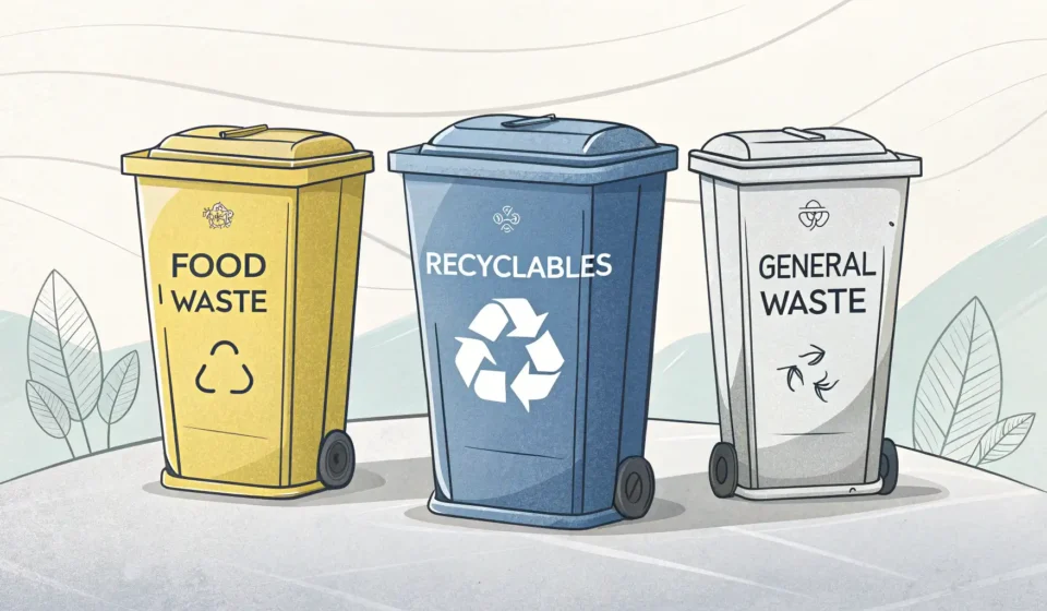 How to Say Food Waste in Korean Illustration showing distinct Korean waste separation bins lined up: yellow for food waste, blue for...