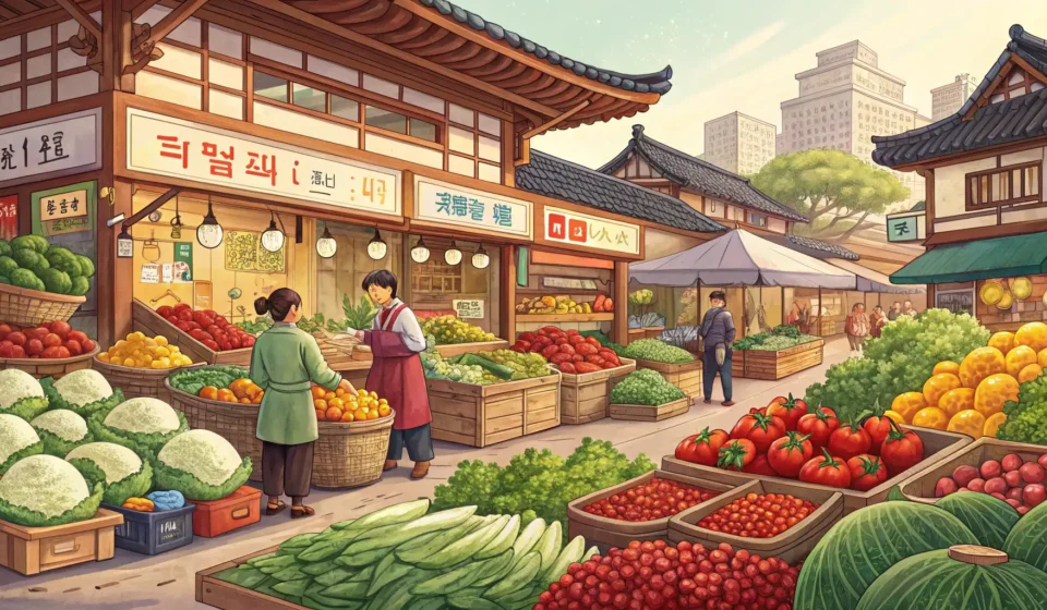 How to Say Local Food in Korean A bright and colorful outdoor Korean market stall filled with various fresh vegetables and fruits, r...