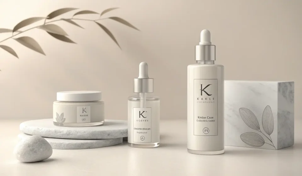 How to Say Retinol in Korean Minimalist flat lay of Korean skincare product bottles, representing K-beauty and learning about ret...