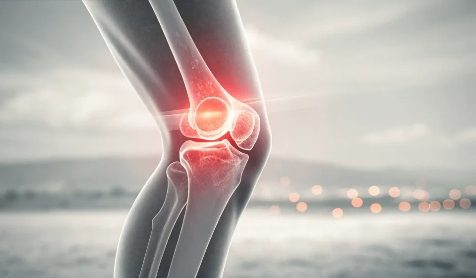 How to Say Arthritis in Korean Minimalist illustration of a glowing red knee joint against a soft background with subtle Korean pat...