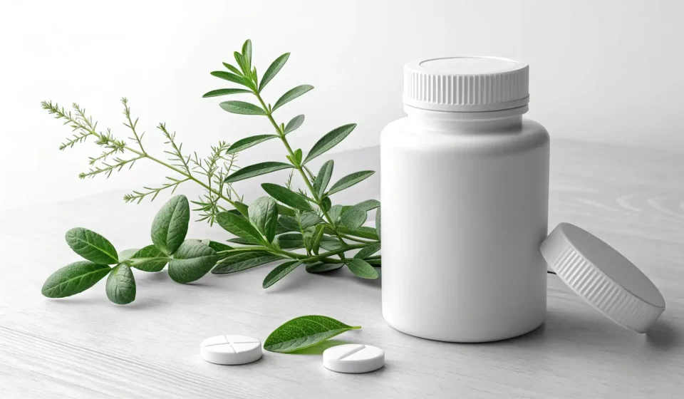 How to Say CLA in Korean A white supplement bottle next to a green ginseng root, symbolizing health supplements in a Korean c...