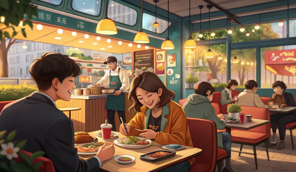 Suggesting a Sandwich in Korean (Waiter’s Perspective) A friendly Korean waiter in a busy cafe setting politely gestures towards an appetizing sandwich, il...