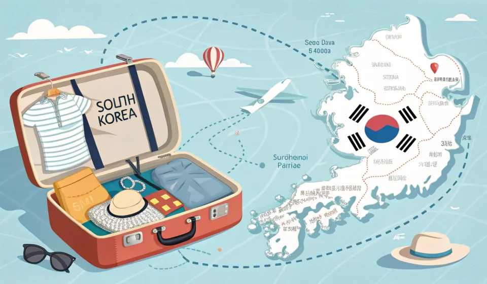How to Talk About Vacation Plans in Korean Illustration symbolizing planning a vacation to Korea, showing an open suitcase beside a map of Sout...