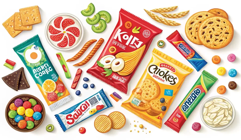 How to Say Tasting Korean Snacks in Korean A colorful, eye-catching flat lay arrangement of various popular Korean snacks.