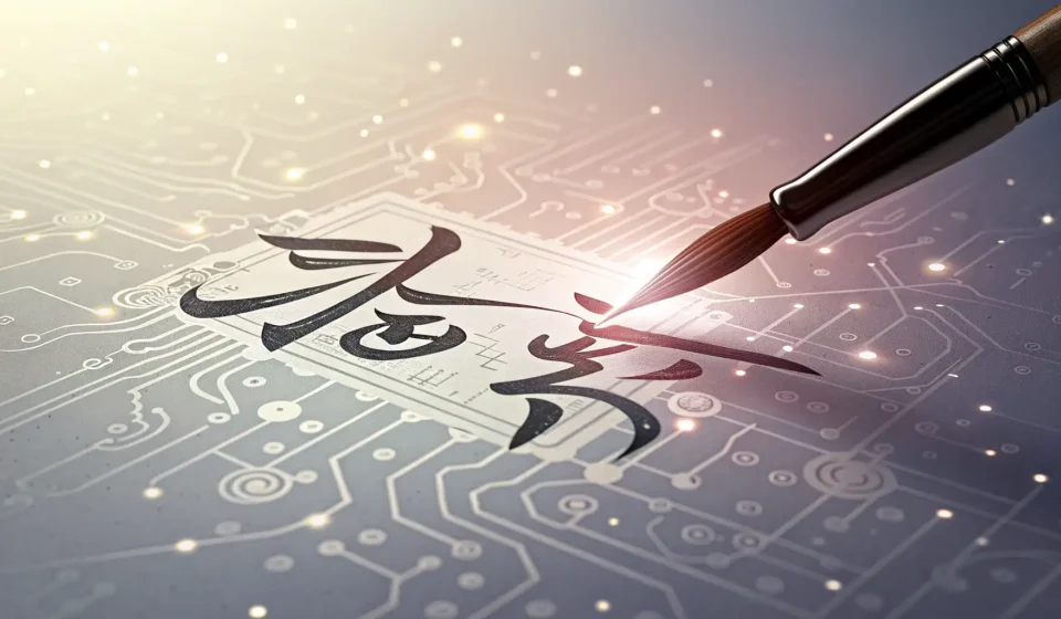 How to Express “A Robot Poet Negotiating with a Sentient Pen for a Flow of Binary Dreams” in Korean A Korean calligraphy brush merges with a digital circuit pattern over an ink wash background, symbol...
