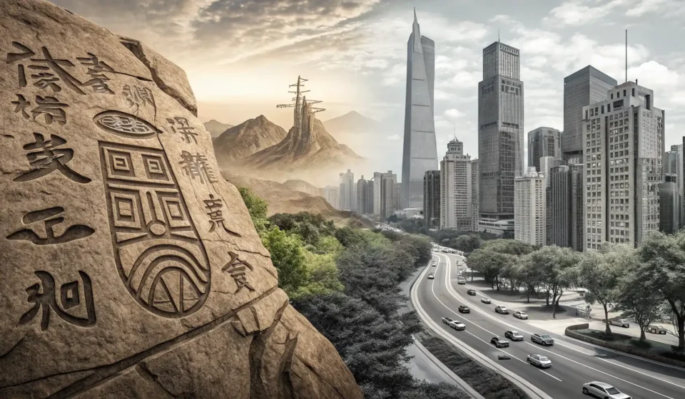 Expressing a Fantastical Negotiation: Time-Traveling Artist and Cave Dweller in Korean Abstract artwork symbolizing translating fantasy concepts into Korean, showing ancient Korean rock a...