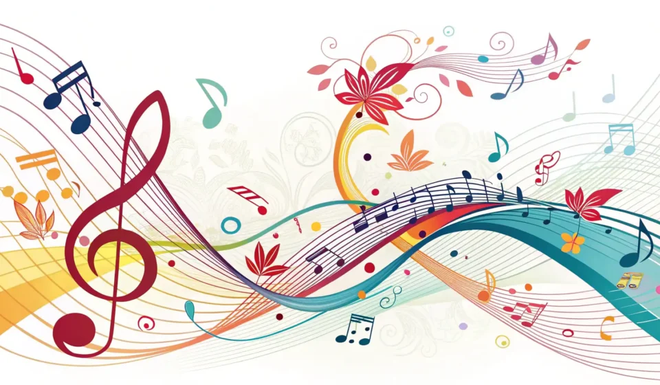Understanding Korean Song Lyrics Stylized musical notes and sound waves in Korean flag colors, representing the concept of understand...