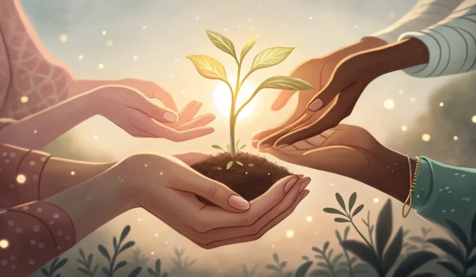 How to Say Women’s Foundation in Korean Illustration of diverse hands supporting a glowing seedling, symbolizing growth and support from a w...