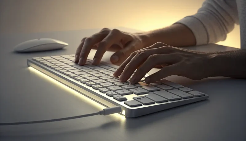 Mastering Korean Email Writing Illustration showing hands typing on a keyboard, representing writing Korean emails, with subtle Kor...
