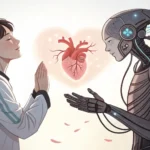Korean learning image for A cyborg poet negotiating with a human heart about the pulse of digital dreams.
