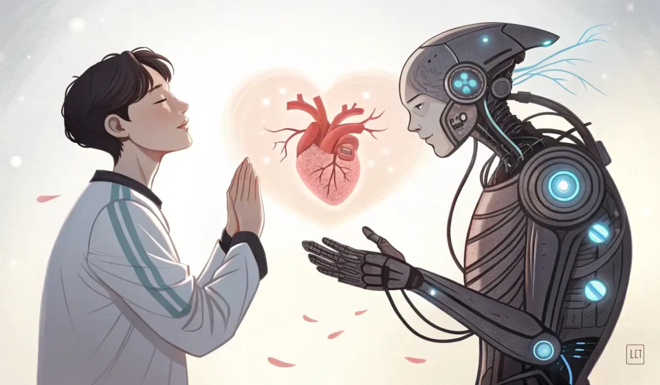 Korean learning image for A cyborg poet negotiating with a human heart about the pulse of digital dreams.