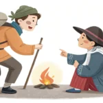 Korean learning image for A hiker asking a stranger for a lighter to start a campfire.