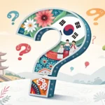 Stylized question mark blended with colorful Korean cultural symbols like a palace roof and blossoms...