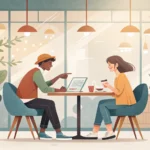 Illustration showing two people discussing a blog on a laptop in a Korean cafe setting, symbolizing...