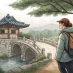 A tourist interacting with a Korean local near a small bridge, illustrating how to ask about a bridg...