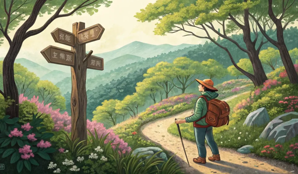 Illustration of a hiker standing before a trail sign with a cave icon in a Korean mountain setting,...
