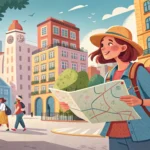 Illustration of a tourist asking a local for directions on a street in Korea, symbolizing how to ask...