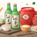 A selection of Korean alcoholic drinks, including soju and makgeolli, arranged on a wooden table, re...