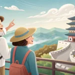 A tourist asking a Korean guide about the history of a famous Korean bridge, with the bridge promine...