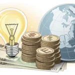 Illustration symbolizing asking about electricity bill payment in Korea, showing a lightbulb, Korean...