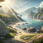 A scenic view of a secluded Korean cove with subtle ancient markings on rocks, symbolizing a tourist...