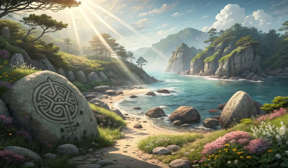 A scenic view of a secluded Korean cove with subtle ancient markings on rocks, symbolizing a tourist...