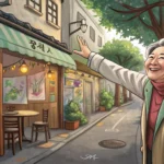 Illustration showing a tourist asking an older Korean local for directions on a traditional Korean s...