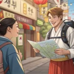 A tourist asks a local Korean for directions with a historic Korean bridge visible in the background...
