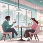 Illustration of two people in a Korean cafe; one person appears to be asking for help with pronuncia...
