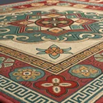 Close-up of a colorful Korean handmade rug with intricate traditional patterns, displayed at an outd...