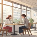 Illustration showing two people discussing Korean language study methods with books and notes at a c...