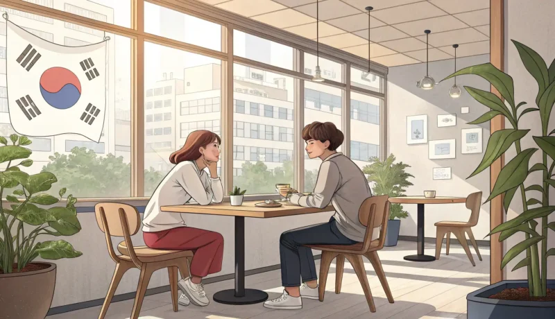 Illustration showing two people discussing Korean language study methods with books and notes at a c...