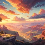Stylized illustration of a vibrant sunset over a deep canyon, with a silhouette of a Korean pavilion...