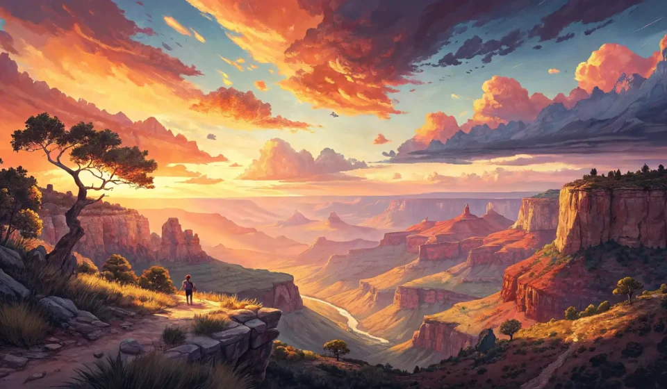 Stylized illustration of a vibrant sunset over a deep canyon, with a silhouette of a Korean pavilion...