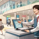 Student asking about tuition payment methods at a Korean university administration office counter.