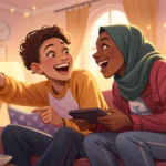 Illustration of two friends discussing Korean TV, one pointing at a screen with Korean-style pattern...