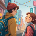 Illustration showing a tourist asking a local for directions on a Korean beach, with the local point...