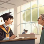 A Korean student politely asking a question to a professor in a modern university office, symbolizin...
