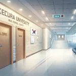 Modern Korean university hallway with abstract data patterns, symbolizing a student inquiring about...
