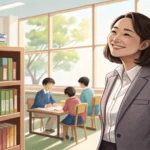 Illustration of a Korean student speaking respectfully to a teacher in a classroom setting with book...