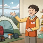 Illustration showing a shopper interacting with a clerk near camping tents in a Korean store, repres...