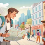 Illustration showing a tourist asking a local for directions to a historic fountain in a Korean gard...