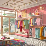 Interior of a bright Korean clothing store with racks of fashion items and a shop assistant nearby,...