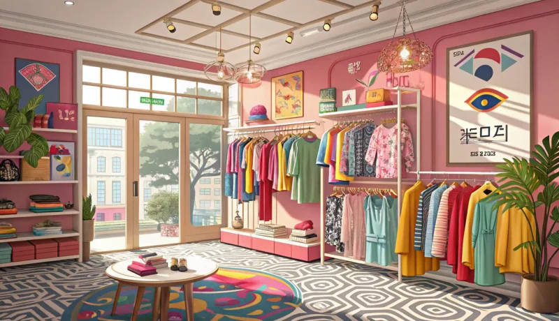 Interior of a bright Korean clothing store with racks of fashion items and a shop assistant nearby,...
