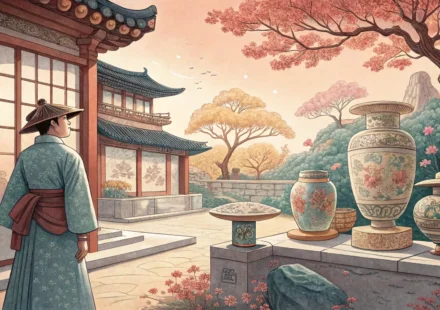 A person thoughtfully observing ancient Korean artifacts, symbolizing the act of asking questions an...