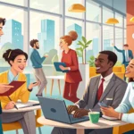 Illustration depicting diverse professionals networking at a modern Korean job fair, representing le...