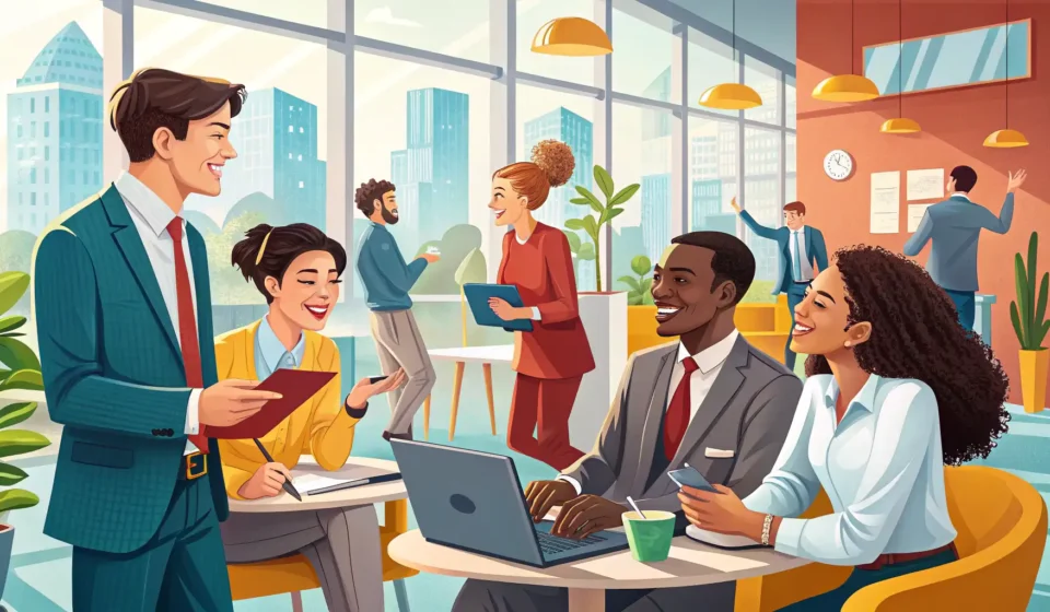 Illustration depicting diverse professionals networking at a modern Korean job fair, representing le...