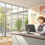 Person receiving a membership card at a modern gym reception desk, illustrating the process of buyin...