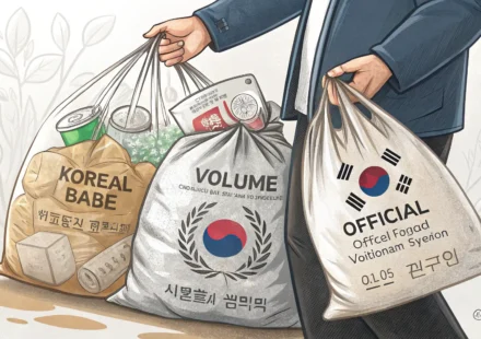Hand holding official Korean volume-based waste bags (jong-ryang-je bong-tu) inside a Korean conveni...
